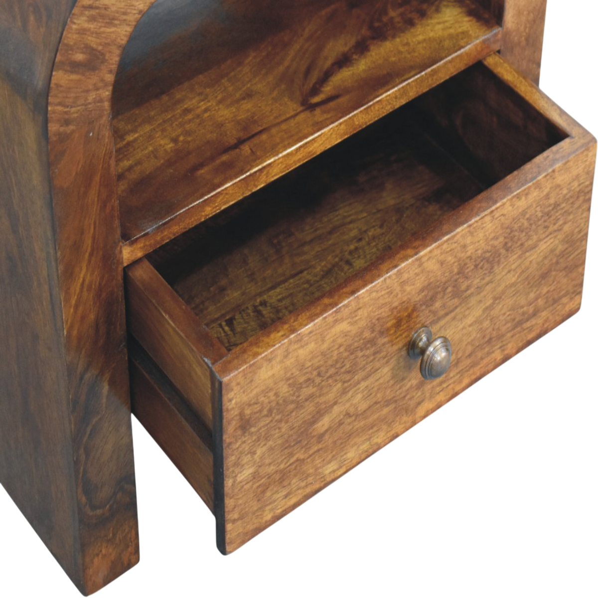 Bibury Open Bedside Table in Chestnut, shown with a drawer open.