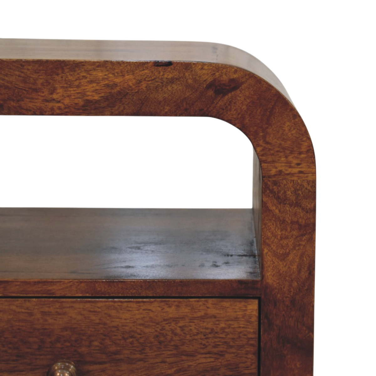 Close view of the shelf on the Bibury Open Bedside Table in Chestnut.