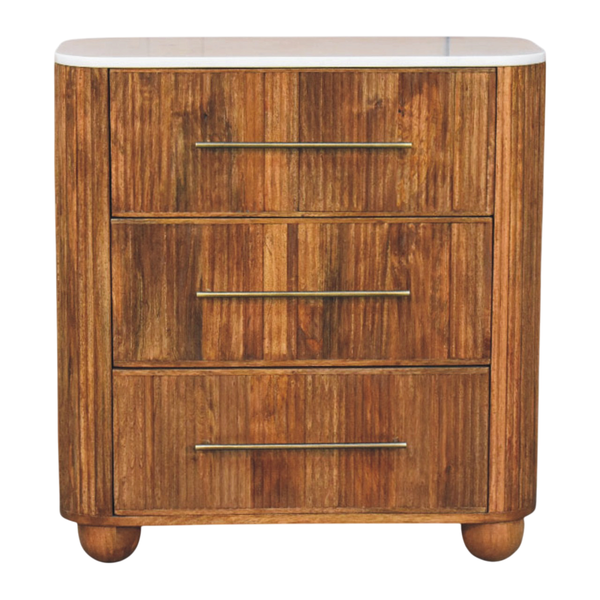 Bramante Marble Chest in Russet, front view. White marble top on a 100% solid hardwood body in a warm russet finish, fluting to front and sides, four drawers.