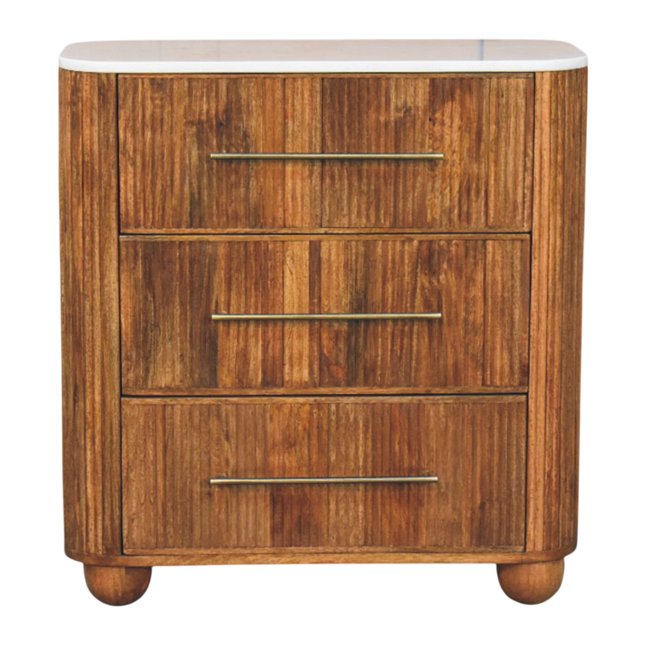 Bramante Marble Chest in Russet, front view. White marble top on a 100% solid hardwood body in a warm russet finish, fluting to front and sides, four drawers.