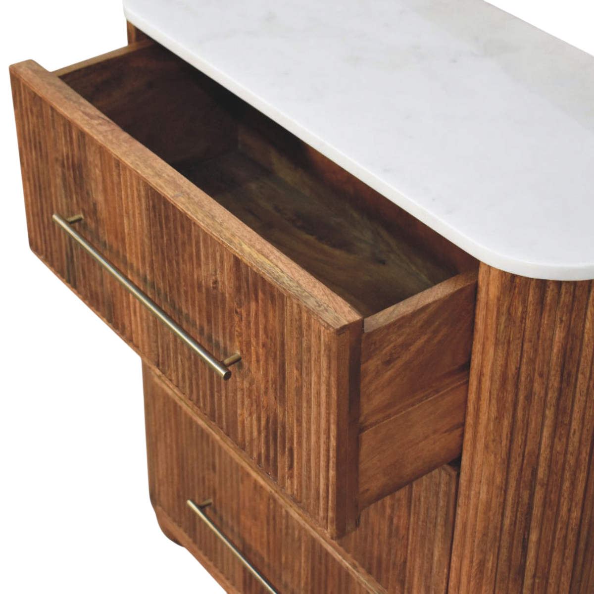 Bramante Marble Chest in Russet, shown with a drawer open.