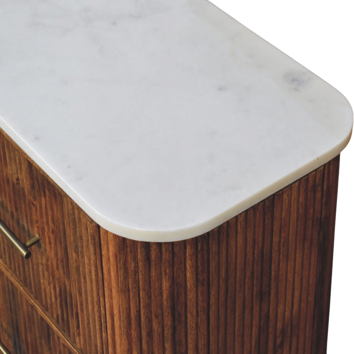 Close view of the top on the Bramante Marble Chest in Russet.