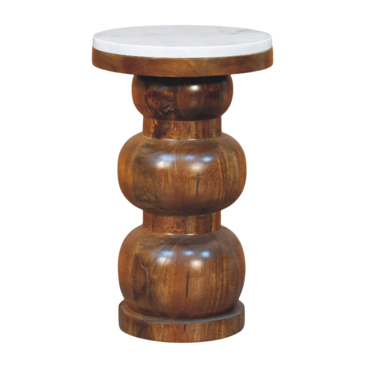 Bramante Marble Side Table in Russet, front view. Solid hardwood base in a russet finish, stacked bulbous shaping, marble top.