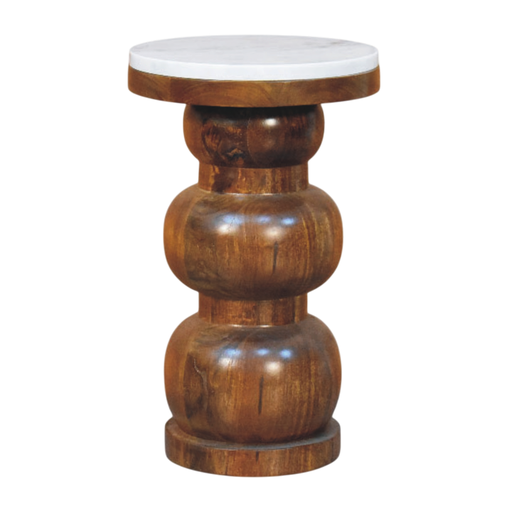 Bramante Marble Side Table in Russet, front view. Solid hardwood base in a russet finish, stacked bulbous shaping, marble top.