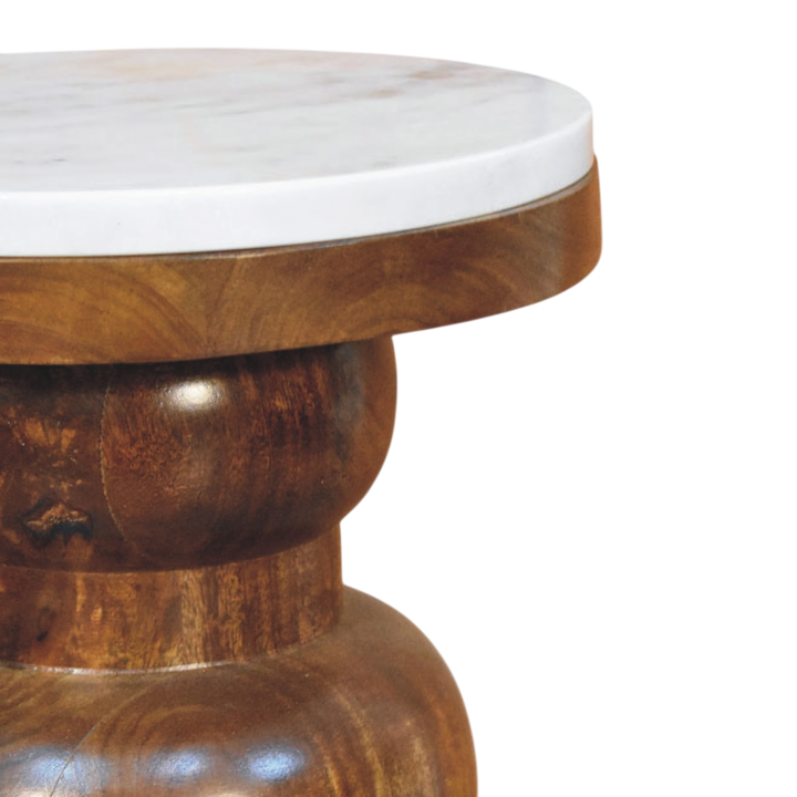 Close view of the strap and buckle on the Bramante Marble Side Table in Russet.