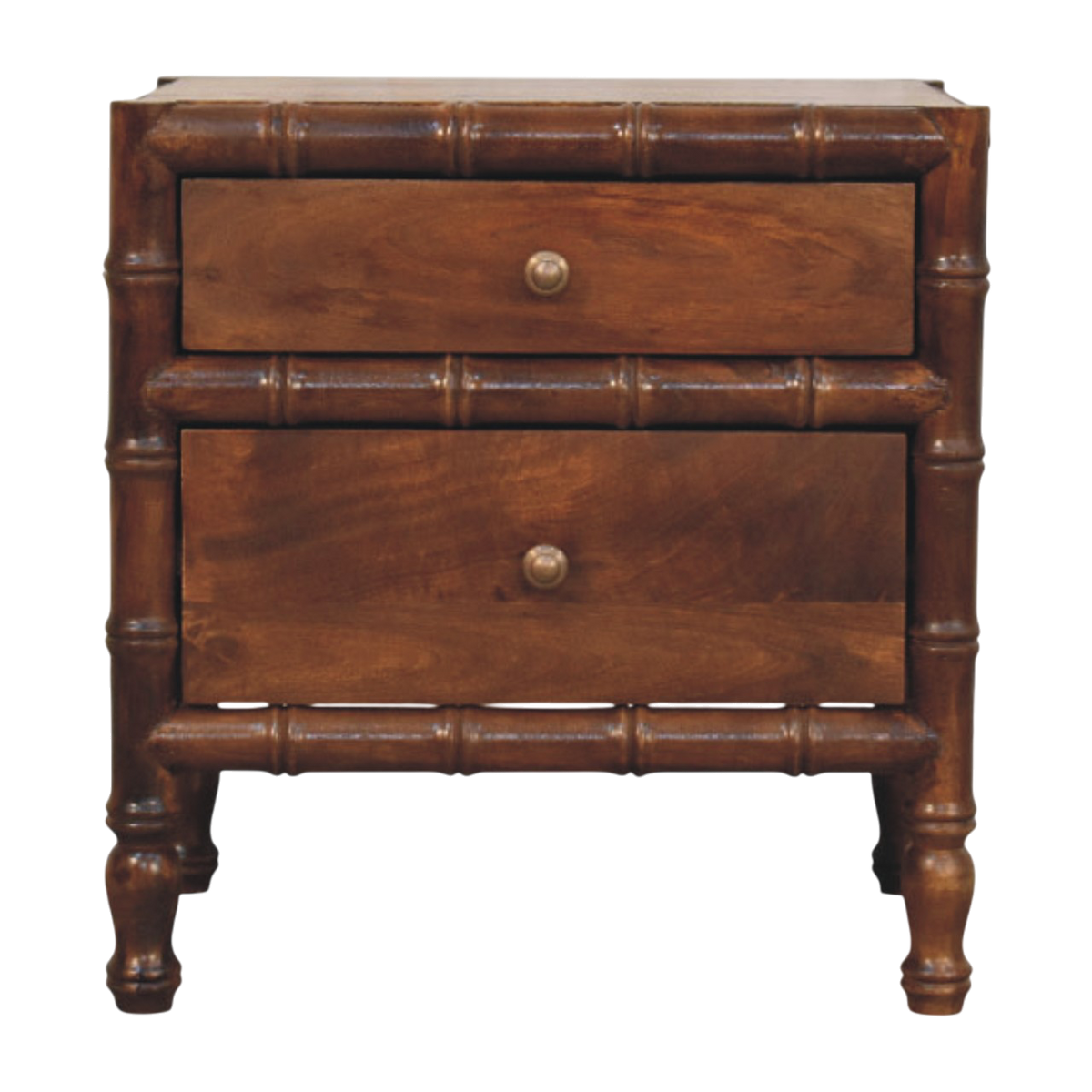 Brighton 2-Drawer Bedside Table in Russet, front view. Russet hardwood with a bamboo-style turned frame.