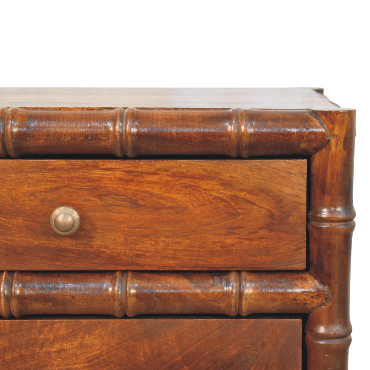 Close view of the drawer front and knob on the Brighton 2-Drawer Bedside Table in Russet.