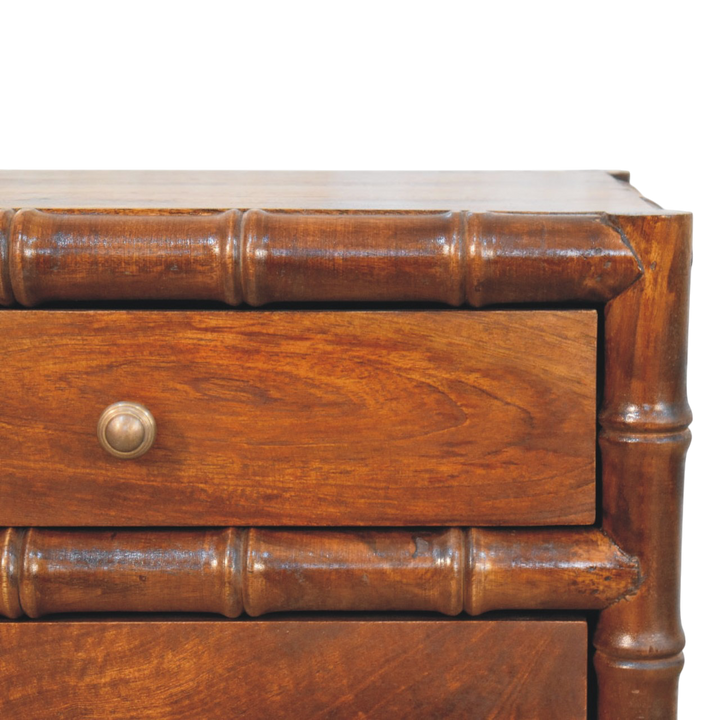 Close view of the drawer front and knob on the Brighton 2-Drawer Bedside Table in Russet.