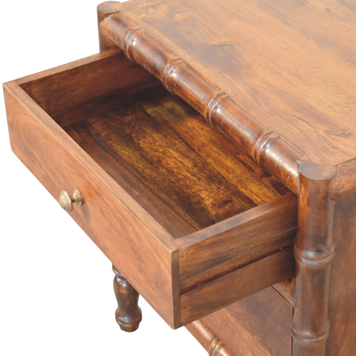 Brighton 2-Drawer Bedside Table in Russet, shown with a drawer open.