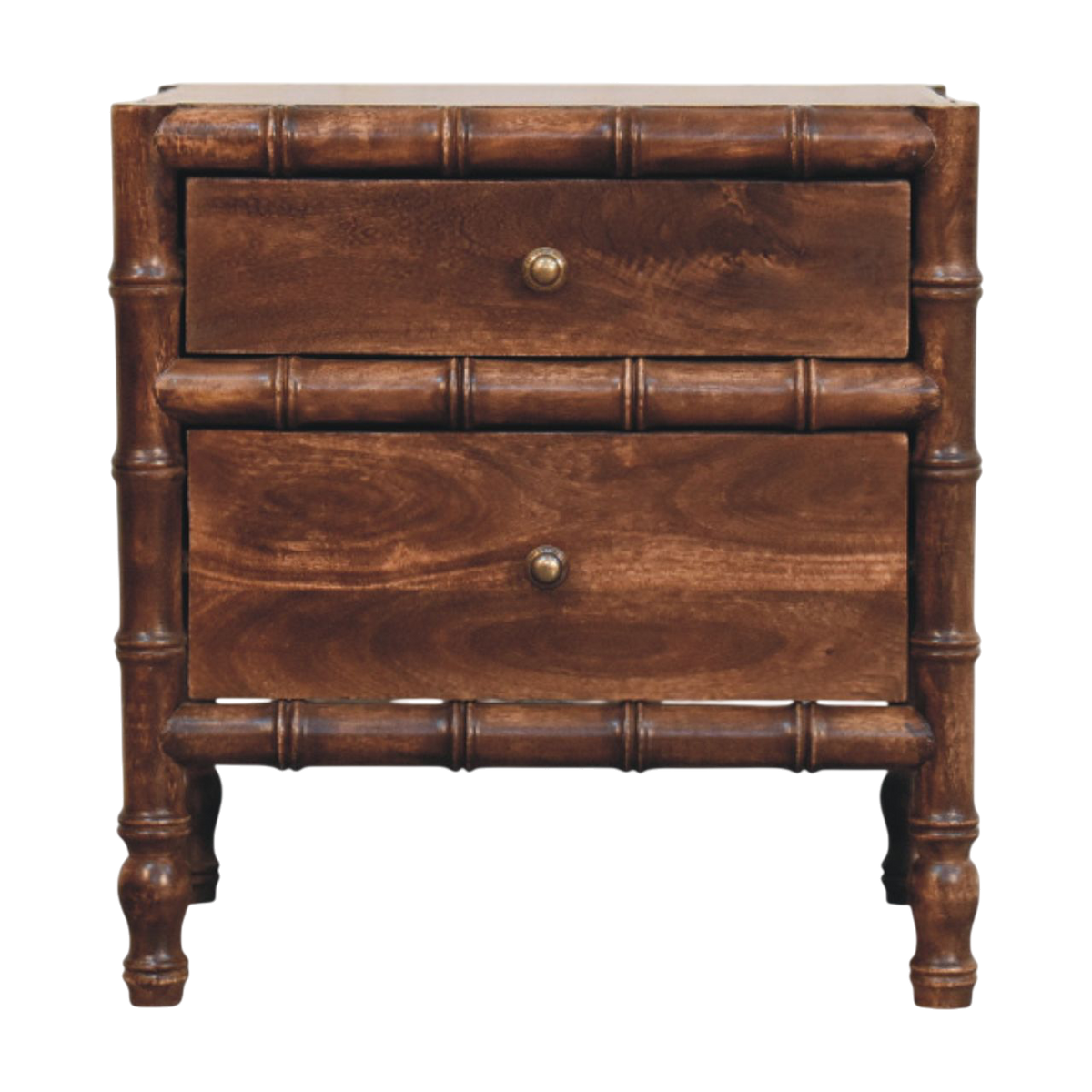 Brighton 2-Drawer Nightstand in Chestnut, front view. Chestnut hardwood with bamboo-style turned framing.