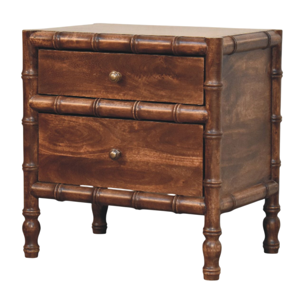 Brighton 2-Drawer Nightstand in Chestnut, three-quarter view showing the full profile.