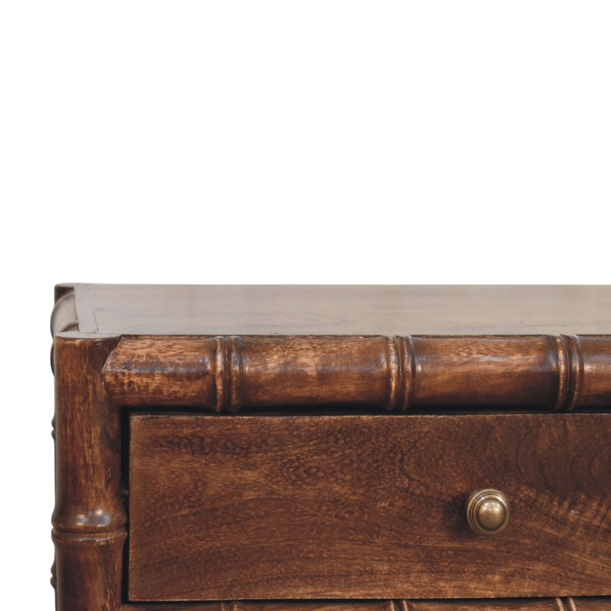 Close view of the grain on the tabletop on the Brighton 2-Drawer Nightstand in Chestnut.