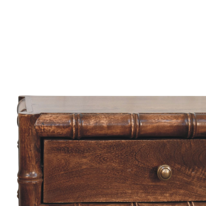 Close view of the grain on the tabletop on the Brighton 2-Drawer Nightstand in Chestnut.