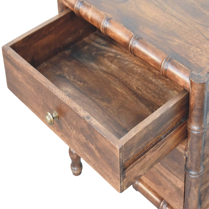Brighton 2-Drawer Nightstand in Chestnut, shown with a drawer open.