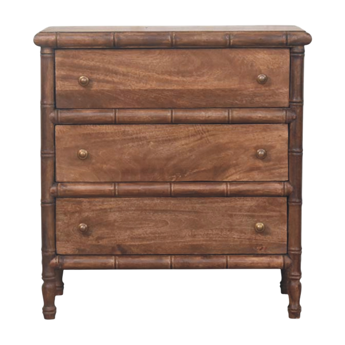 Brighton 3-Drawer Chest in Almond, front view. Solid hardwood throughout in a roasted almond finish, carved bamboo-style framing, antique brass knobs.