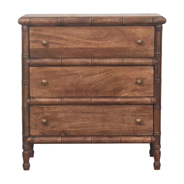 Brighton 3-Drawer Chest in Almond, front view. Solid hardwood throughout in a roasted almond finish, carved bamboo-style framing, antique brass knobs.