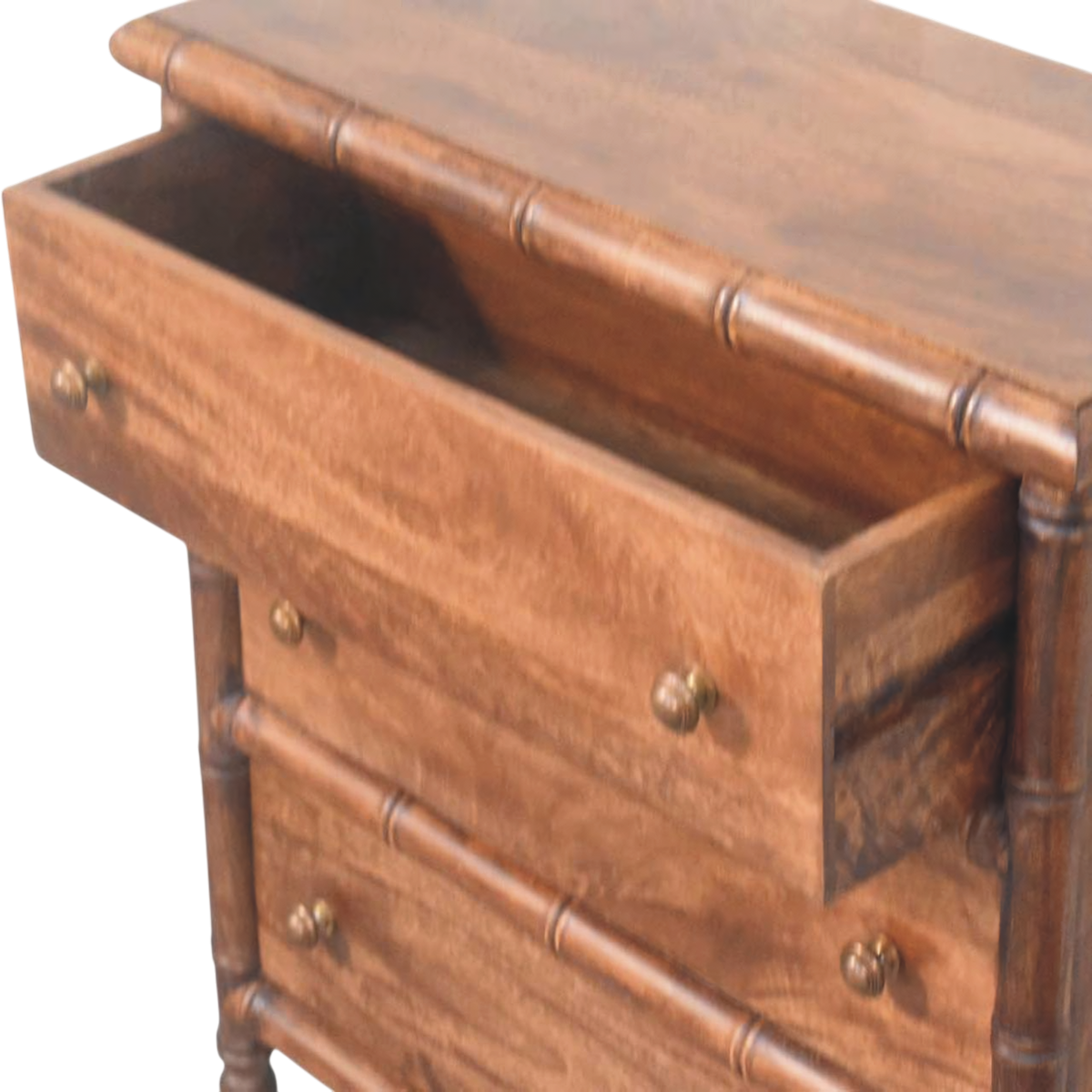 Brighton 3-Drawer Chest in Almond, shown with a drawer open.