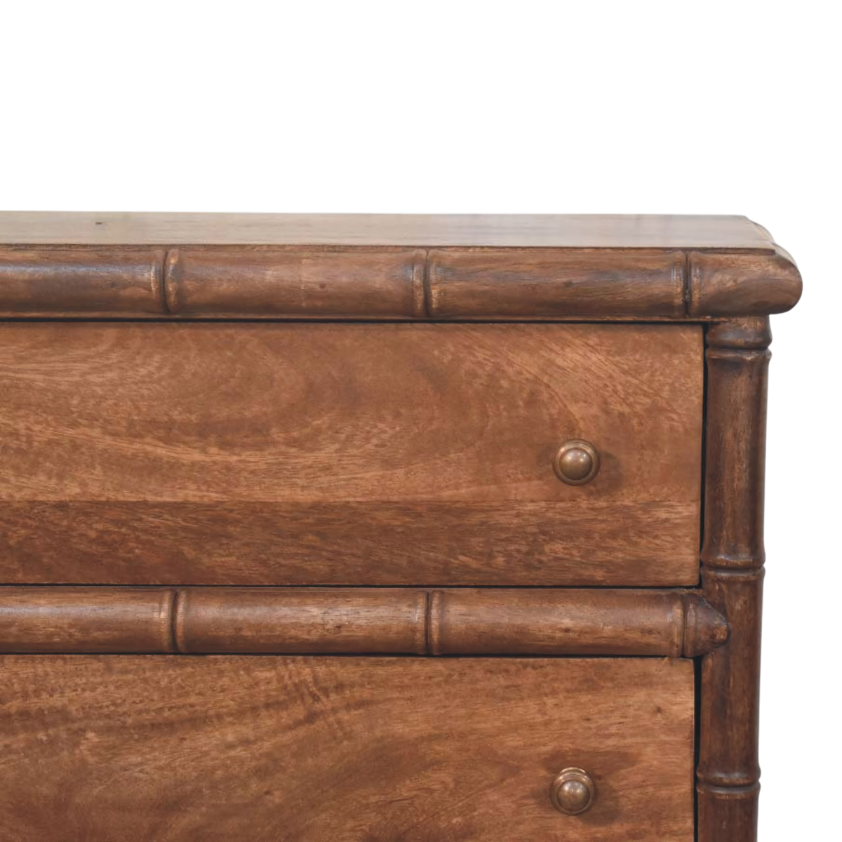 Close view of the carved detailing on the Brighton 3-Drawer Chest in Almond.