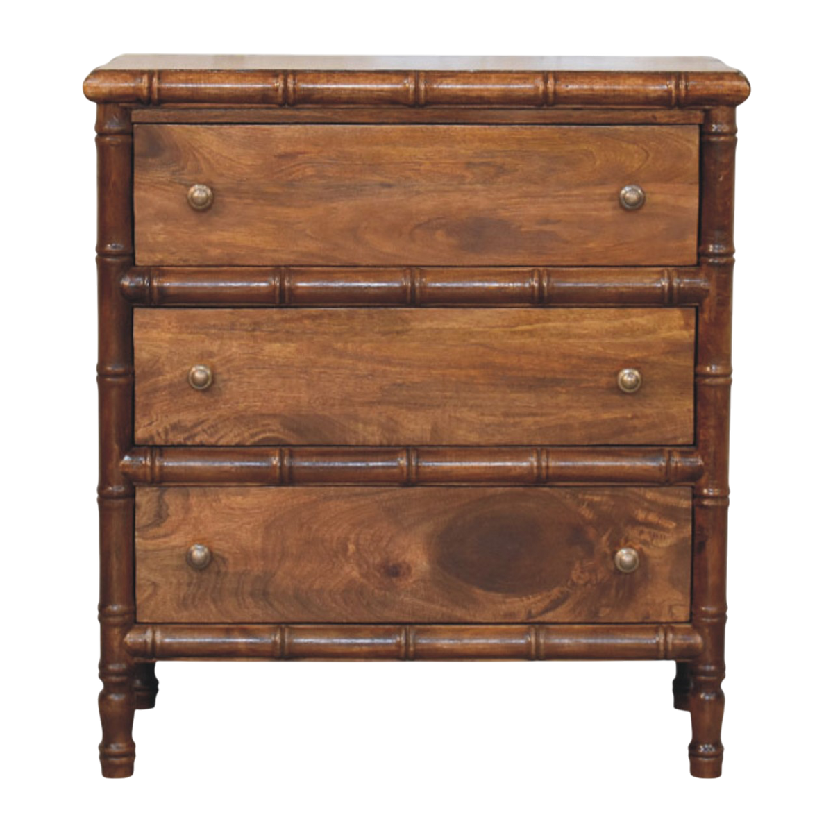 Brighton 3-Drawer Chest in Russet, front view. Russet hardwood with bamboo-inspired turned framing.