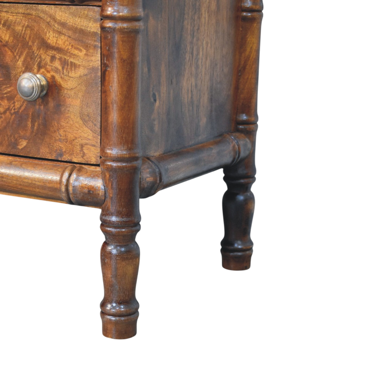 Close view of the turned legs on the Brighton 3-Drawer Chest in Russet.