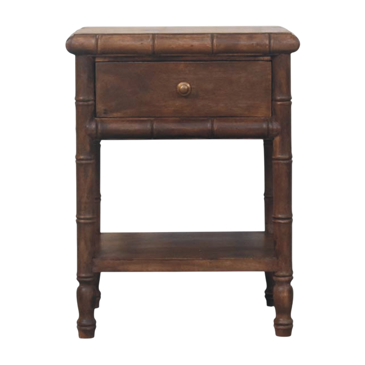 Brighton Open Bedside Table in Almond, front view. Almond hardwood with sculpted bamboo-style legs.