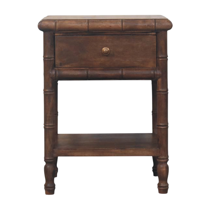 Brighton Open Bedside Table in Almond, front view. Almond hardwood with sculpted bamboo-style legs.