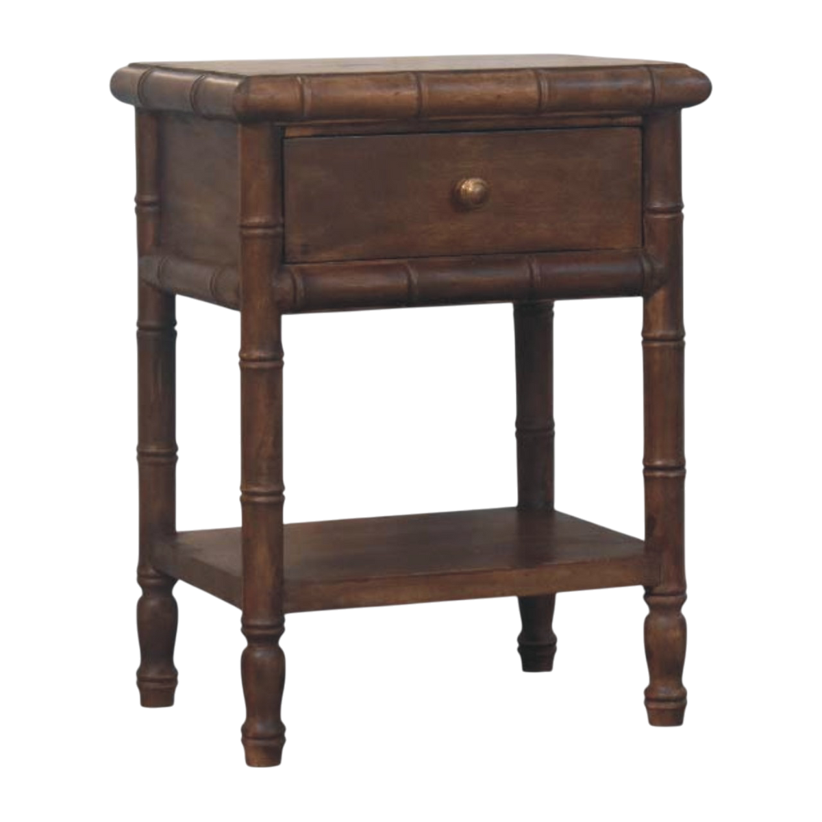 Brighton Open Bedside Table in Almond, three-quarter view showing the full profile.