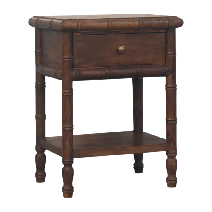 Brighton Open Bedside Table in Almond, three-quarter view showing the full profile.