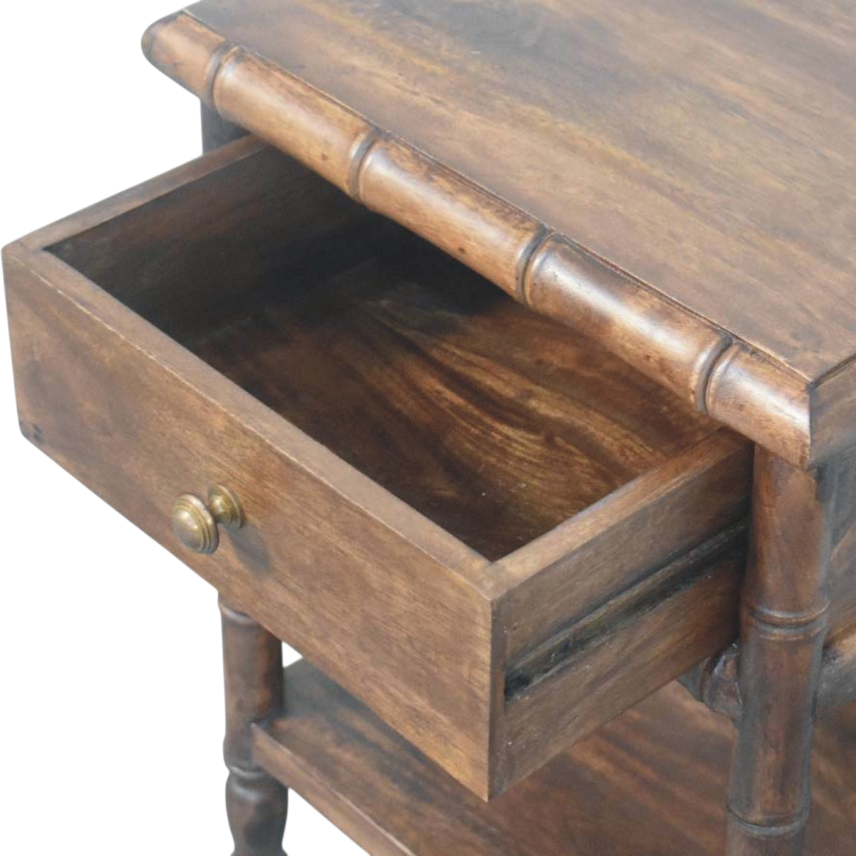 Brighton Open Bedside Table in Almond, shown with a drawer open.