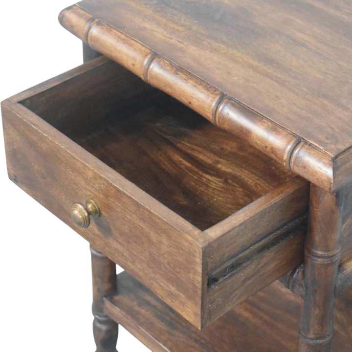 Brighton Open Bedside Table in Almond, shown with a drawer open.
