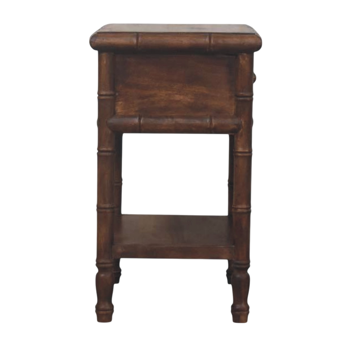 Brighton Open Bedside Table in Almond, side view showing the depth.