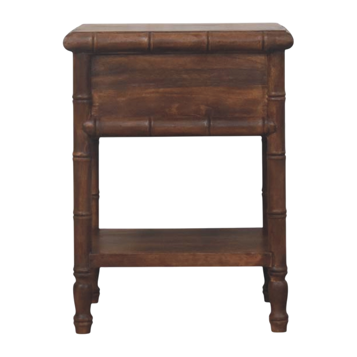 Brighton Open Bedside Table in Almond, viewed from the back.