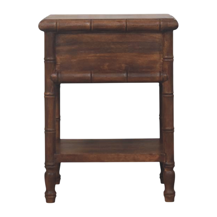Brighton Open Bedside Table in Almond, viewed from the back.