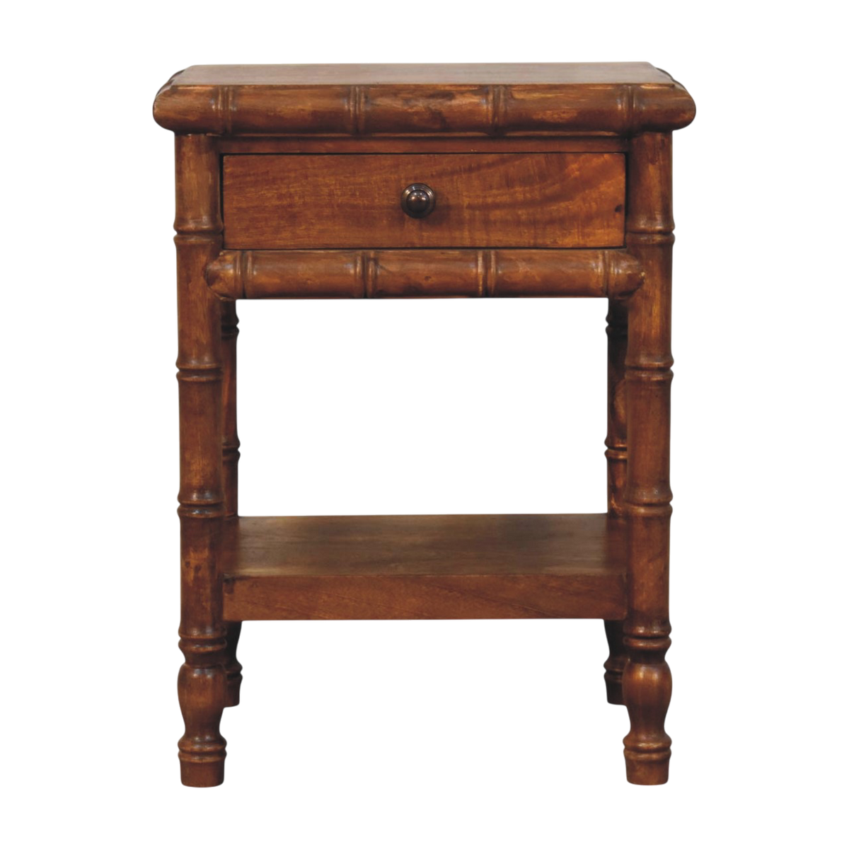 Brighton Open Nightstand in Russet, front view. Russet hardwood with a bamboo-style turned frame.