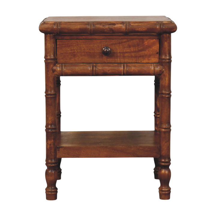 Brighton Open Nightstand in Russet, front view. Russet hardwood with a bamboo-style turned frame.
