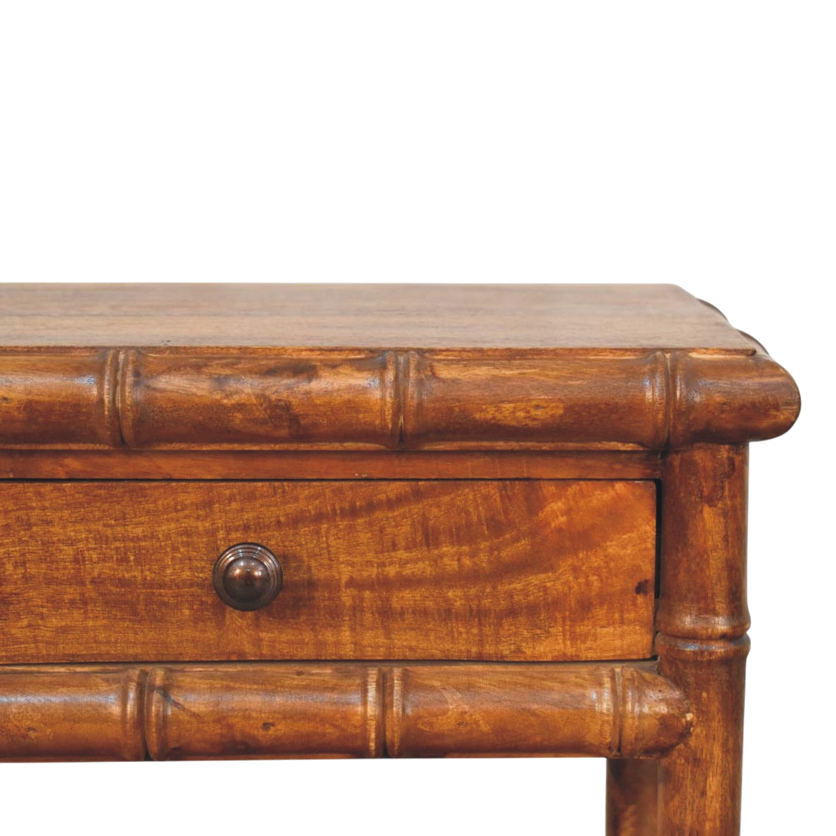 Close view of the drawer front and knob on the Brighton Open Nightstand in Russet.