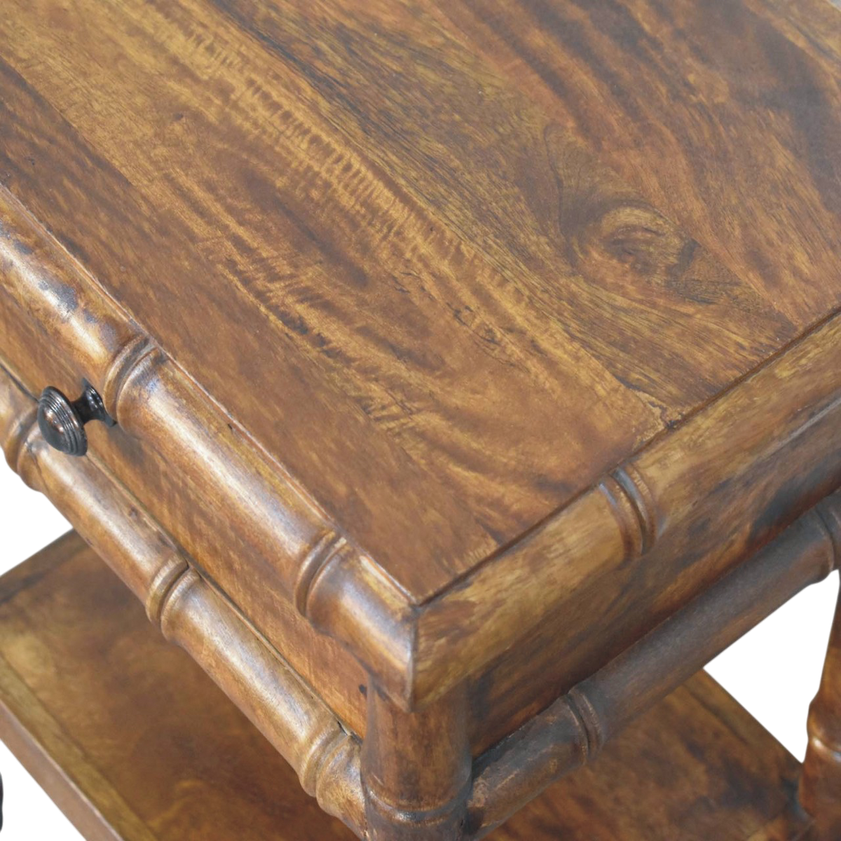 Close view of the grain on the tabletop on the Brighton Open Nightstand in Russet.