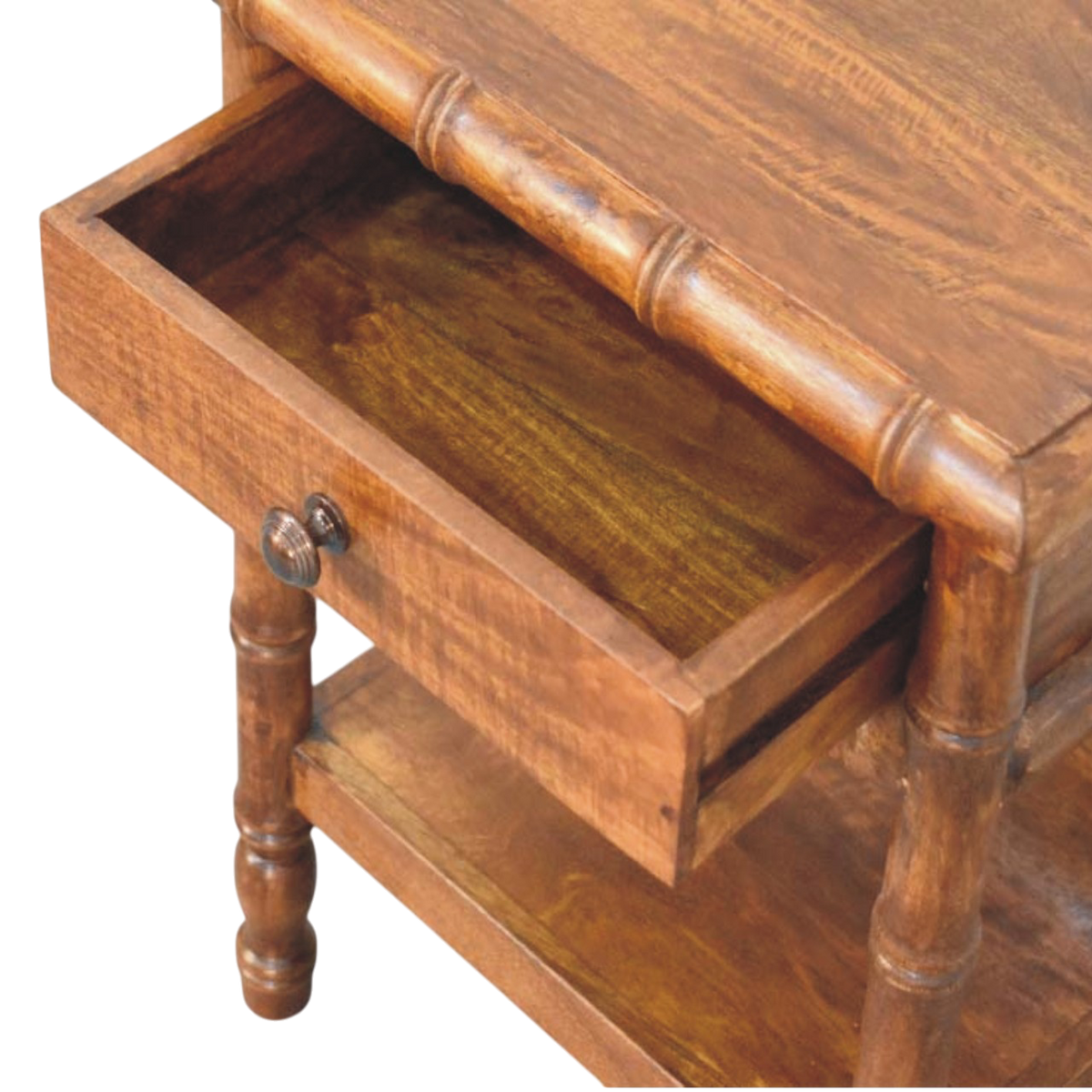 Brighton Open Nightstand in Russet, shown with a drawer open.