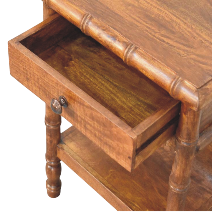 Brighton Open Nightstand in Russet, shown with a drawer open.