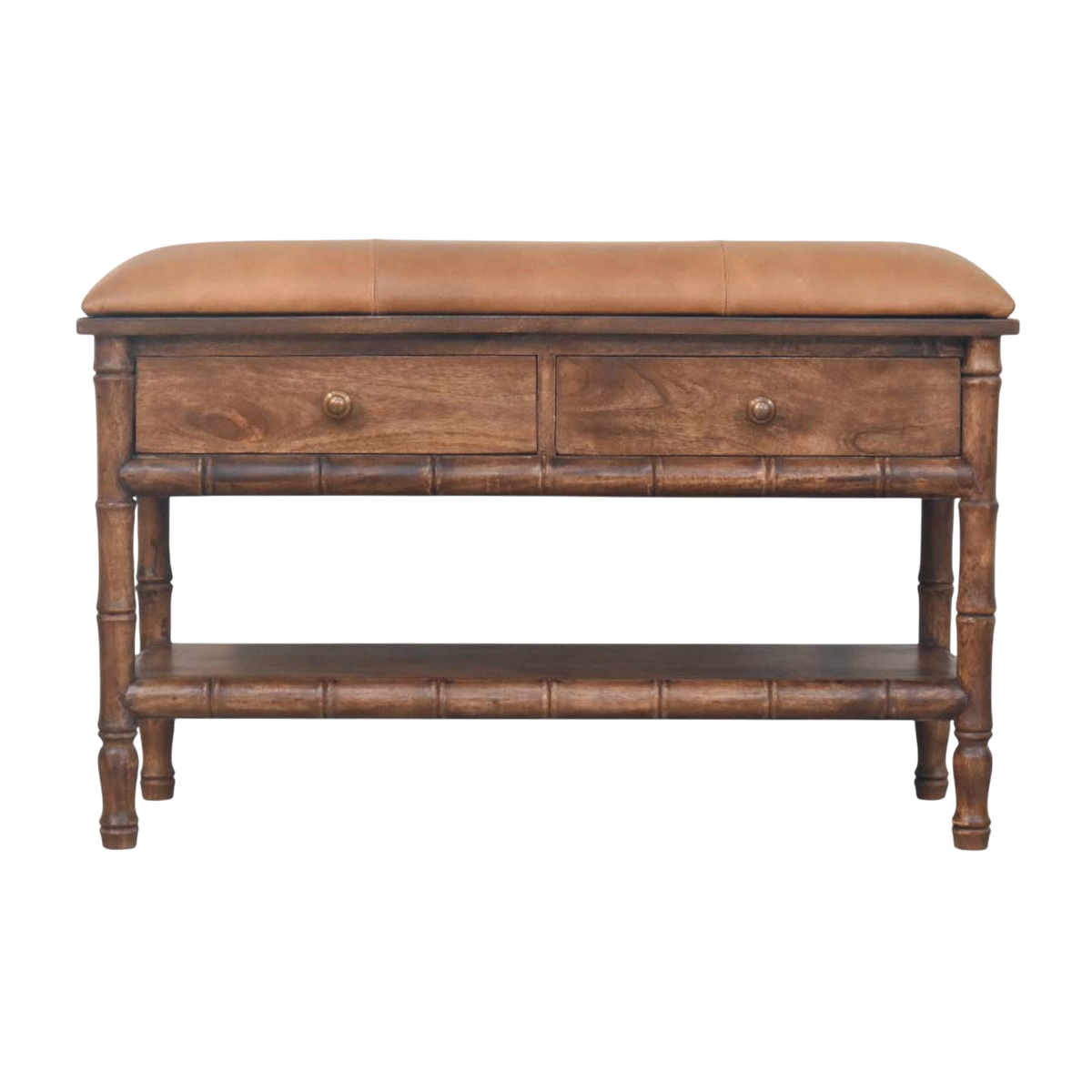 Brighton Storage Bench in Almond with Caramel Leather, front view. Almond hardwood with a leather seat over storage.