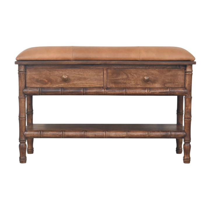Brighton Storage Bench in Almond with Caramel Leather, front view. Almond hardwood with a leather seat over storage.