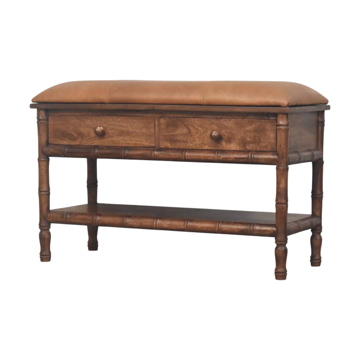 Brighton Storage Bench in Almond with Caramel Leather, three-quarter view showing the full profile.