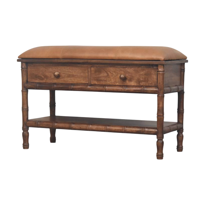 Brighton Storage Bench in Almond with Caramel Leather, three-quarter view showing the full profile.