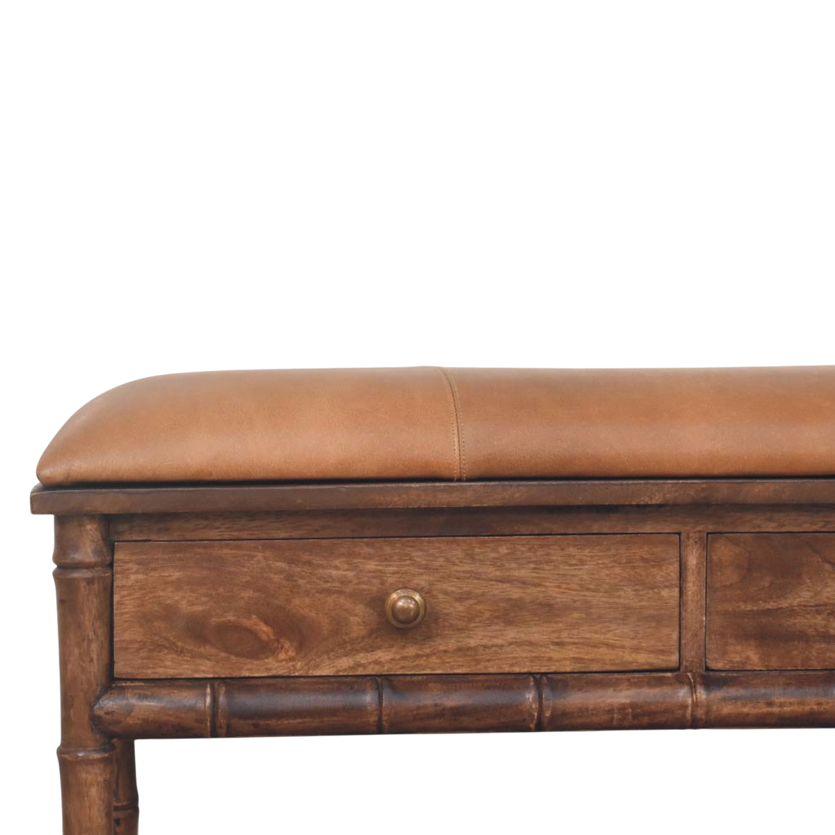 Close view of the upholstered seat on the Brighton Storage Bench in Almond with Caramel Leather.