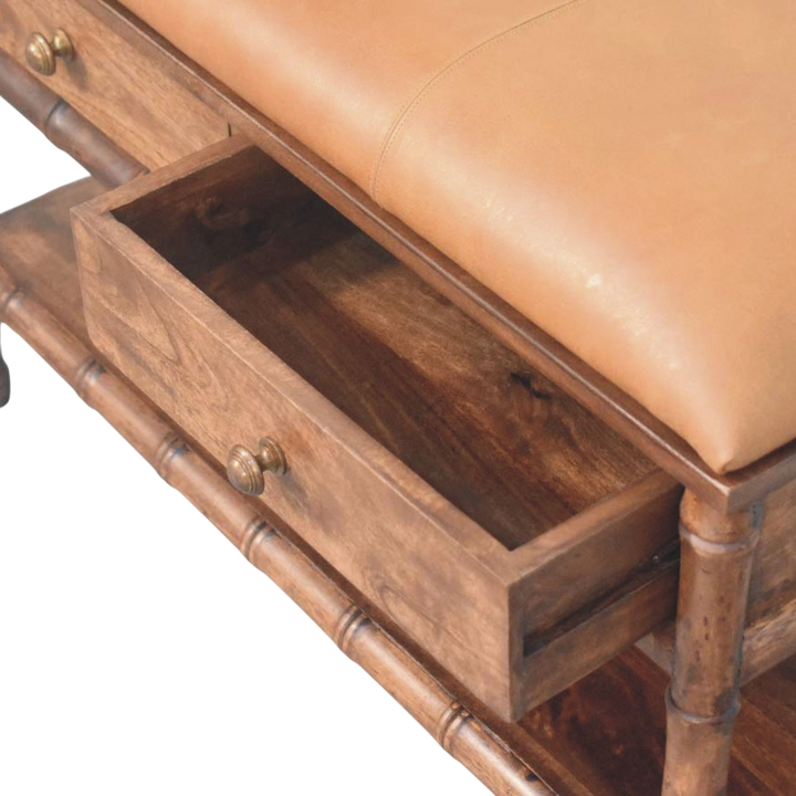 Brighton Storage Bench in Almond with Caramel Leather, shown with a drawer open.