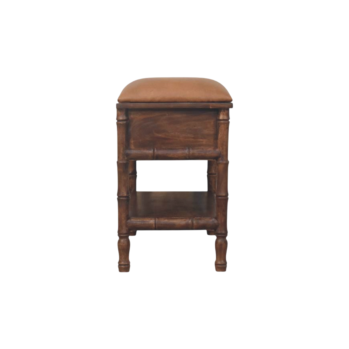 Brighton Storage Bench in Almond with Caramel Leather, side view showing the depth.