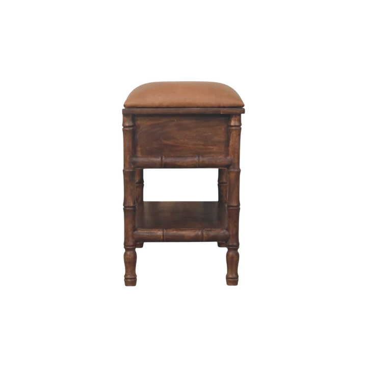 Brighton Storage Bench in Almond with Caramel Leather, side view showing the depth.
