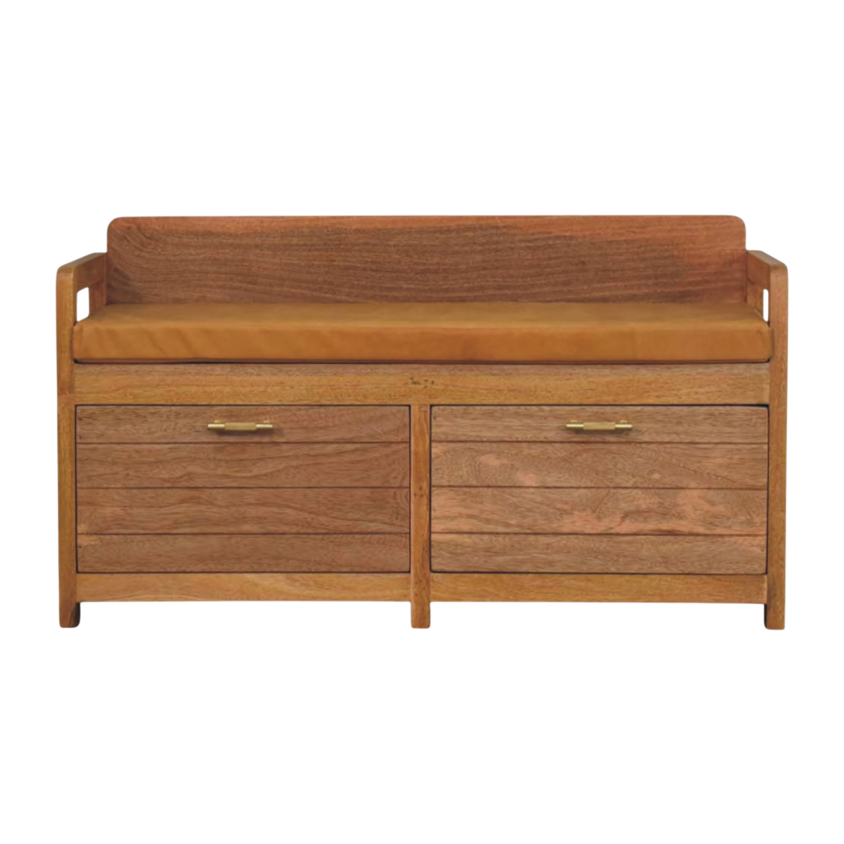 Brighton Storage Bench in Amber with Blonde Saddle, front view. Solid hardwood in an amber finish, low back and shaped arms, cushioned seat in blonde saddle leather.