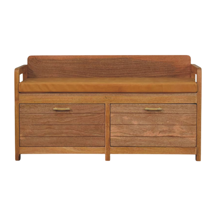 Brighton Storage Bench in Amber with Blonde Saddle, front view. Solid hardwood in an amber finish, low back and shaped arms, cushioned seat in blonde saddle leather.