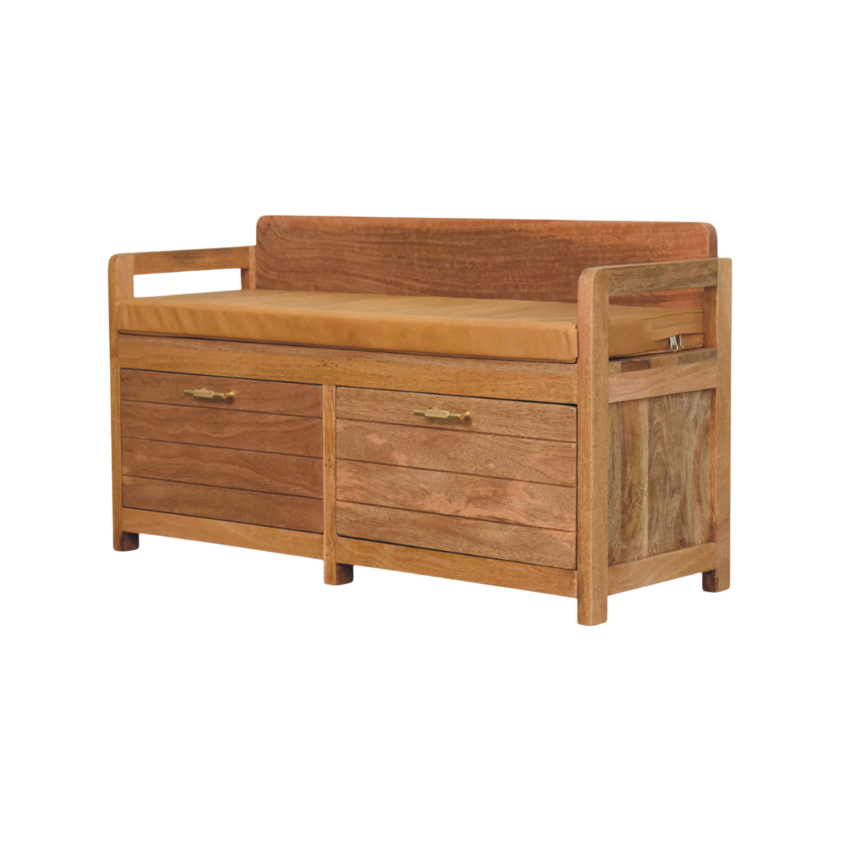 Brighton Storage Bench in Amber with Blonde Saddle, three-quarter view showing the full profile.